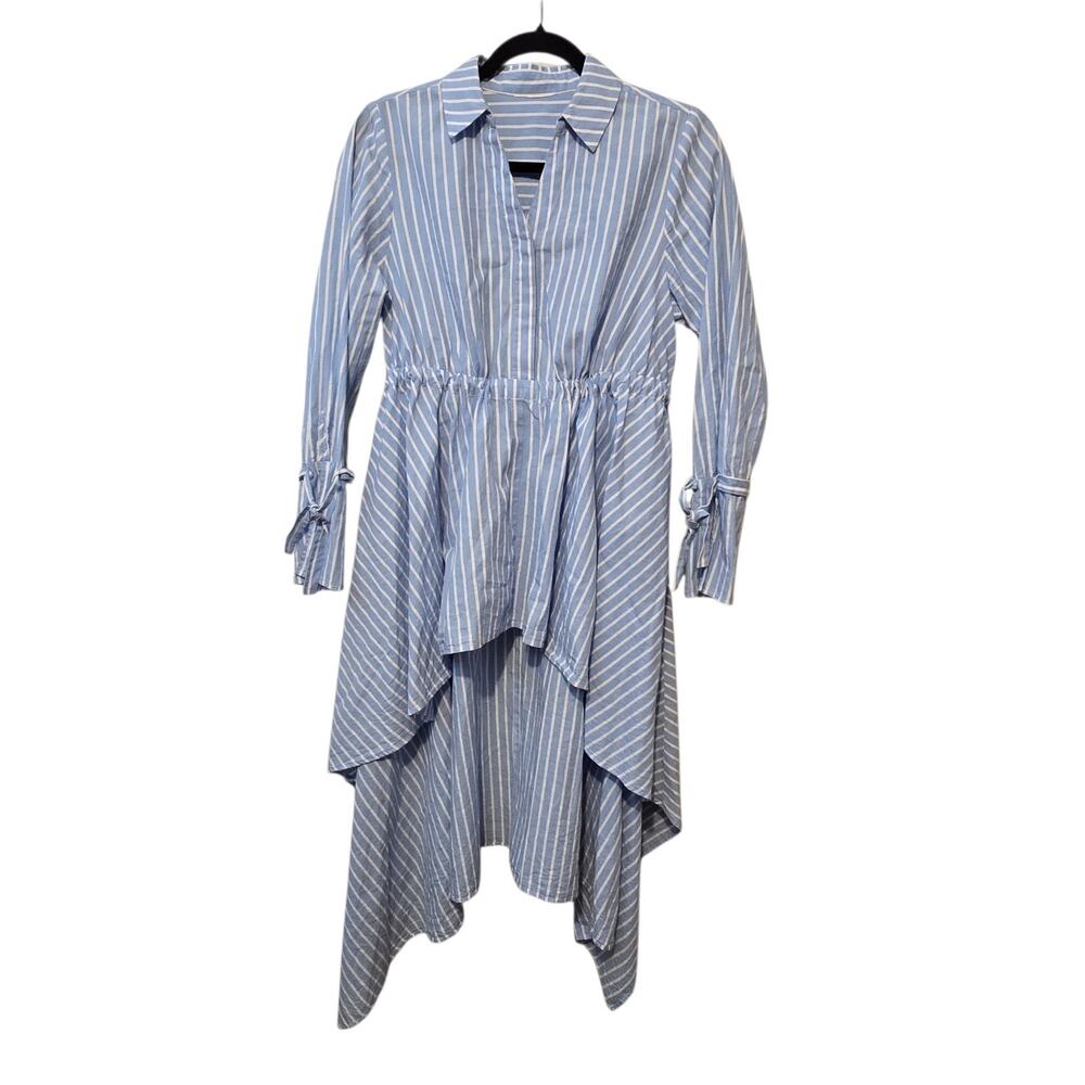 Striped‎ High Low Shirt Dress Womens S/M Tie Cuff Blue Nautical Beach Coastal